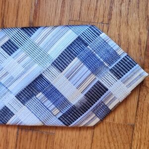 Giorgio Bissoni Men's Silk Tie Geometric Plaid Check Blue Gold Tan London Rome